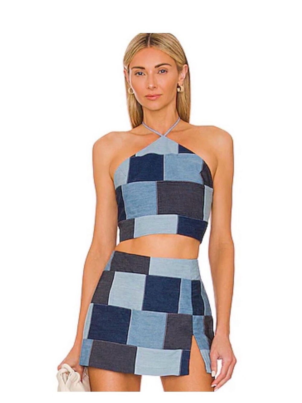 Amanda Uprichard Denim Patchwork SET Halter Crop Top and Skort in blue
